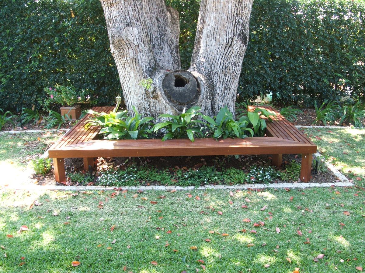 Bench seat built around the base of a large tree